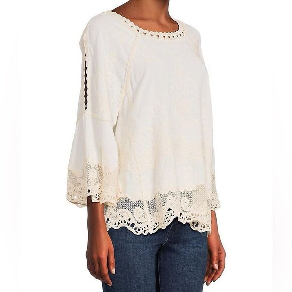 Spiaggia Dolce Tops - SPIAGGIA DOLCE Embroidered Lace Boho Top Crochet Trim Bell Sleeve Blouse *NEW*